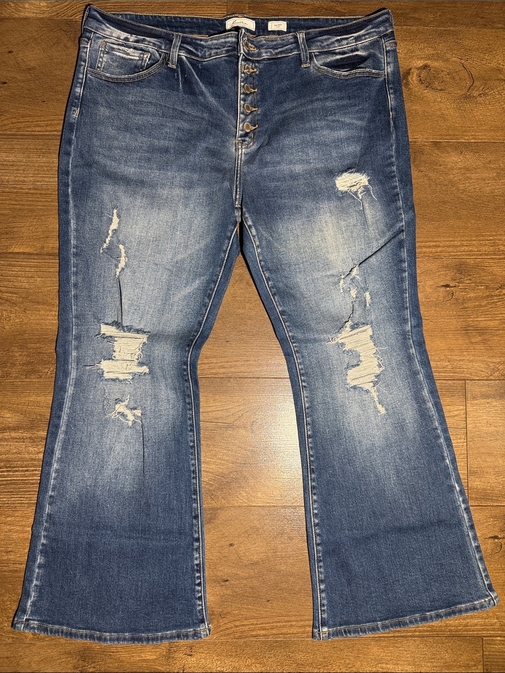 Kancan Signature Mid Rise Flare Jeans Distressed Dark Wash - Size 36